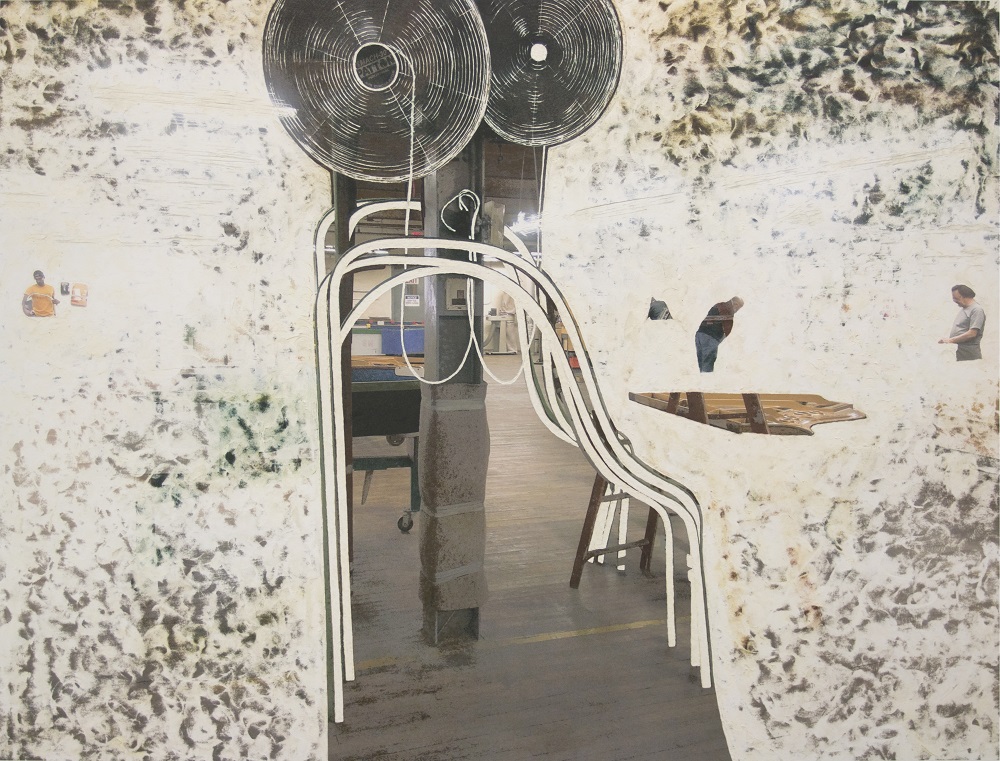 Yi Xin Tong "Piano Factory I", Carved inkjet print on paperboard, grommets, 76 x 99 cm, 2015