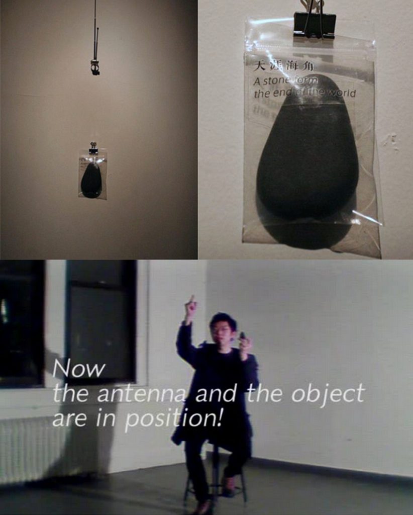 Guo Xi "Body as a Container of Faith", Video installation (one piece of video, one piece of holder, one ring lite, one stone, 6 pictures), 2014